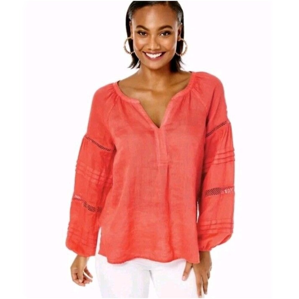 Lilly Pulitzer Emray Tunic Top Linen Coral Balloon Ling Sleeve Size Small